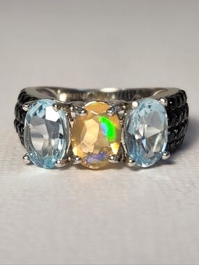 NIB VTG 925 Three-Stone Blue Topaz Natural Ethiopian Opal Spinel Ring Sz 4-4.5